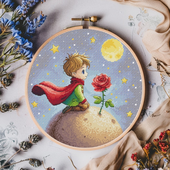 Llittle Prince and the Rose Cross Stitch Pattern, Boy on a Small