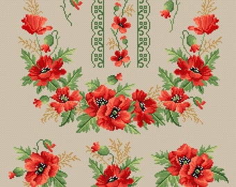 Set of 24 designs in Ukrainian style, counted cross stitch, poppy flowers embroidery patterns