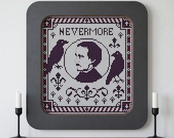 Edgar Allan Poe-kruissteek, Nevermore Raven x-stitch, Dark Academia-patroon, eenvoudig gotisch ontwerp