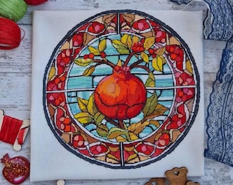 Patrón de punto de cruz de granada, motivo de fruta en diseño de punto X estilo vitral redondo, fruta de jardín PDF, archivo digital de árbol de granada