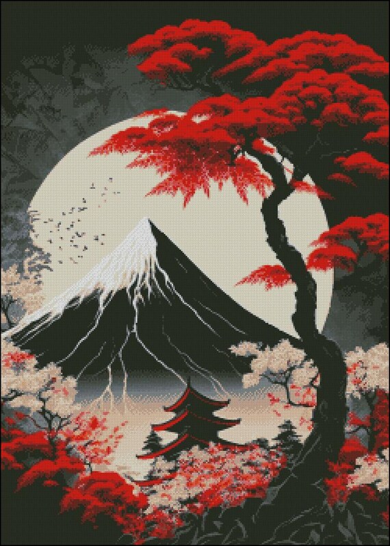 日本の風景のクロスステッチパターン、桜と富士山のクロスステッチ