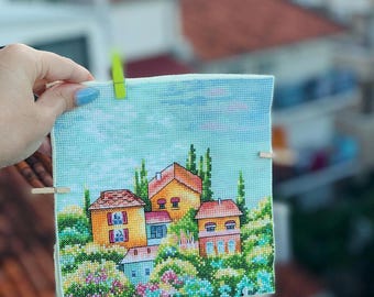Houses by the sea cross stitch pattern, seashore village x-stitch