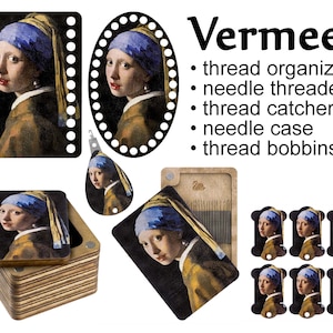 May include: A set of sewing and embroidery accessories featuring the Girl with a Pearl Earring painting by Johannes Vermeer. The set includes a needle threader, thread catcher, needle case, thread bobbins, and thread organizers.
