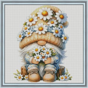 Gnome with chamomiles cross-stitch pattern, dwarf with flowers stitching pattern, summer gnome x-stitch design, garden gnome in a hat PDF