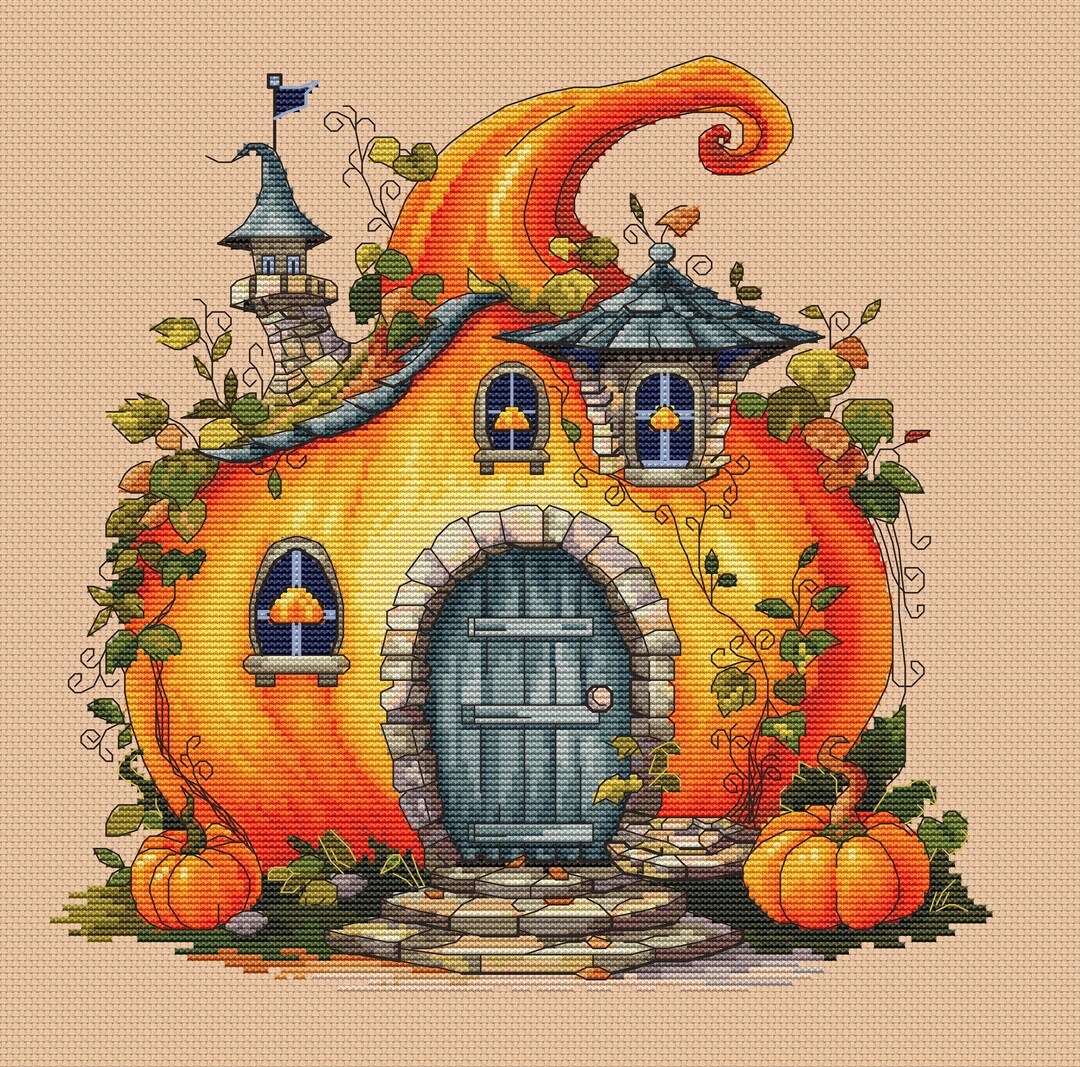 Pumpkin House Cross-stitch Pattern, Fall Hand Embroidery Design, Autumn