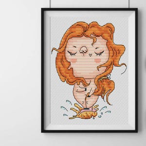 Pig Cross stitch pattern, Venus birth modern x-stitch, funny cartoon animal stitching design PDF file