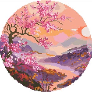 Sakura cross stitch, Japanese landscape pattern, spring Fujiyama x-stitch, cherry blossom design PDF