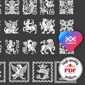 May include: A black and white cross stitch pattern featuring a variety of mythical creatures and floral designs. The pattern is framed by a border of small squares. The image includes the text "high quality PDF pattern".