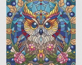 ステンドグラスのフクロウのクロスステッチパターン：カラフルな鳥の