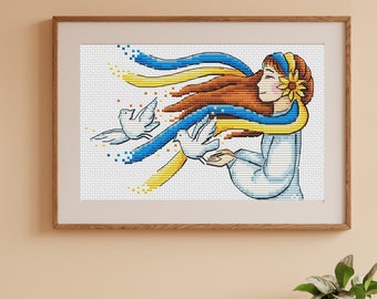 Ukrainian girl cross stitch pattern, peace for Ukraine counted chart, traditional blue and yellow, x-stitch PDF design