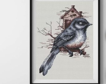 Kruissteekpatroon vogel op tak, natuurlijk x-stitch ontwerp digitaal pdf-bestand