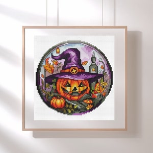 Padrão fofo de abóbora em ponto cruz, ponto cruz de abóboras de Halloween, arquivo PDF de artesanato de Halloween, abóbora em um chapéu mágico com design moderno em ponto x