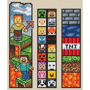 May include: Three Minecraft-themed bookmarks with pixelated designs. The first bookmark features a green-skinned character holding a pickaxe, the second bookmark features a variety of Minecraft characters, and the third bookmark features a variety of Minecraft blocks, including TNT.