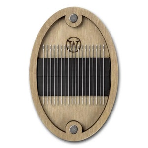 May include: A wooden oval-shaped case with a magnetic closure, containing a set of 24 silver needles. The case has a black interior and a woodgrain finish. The case has a logo of a stylized "W" in the center.