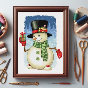 Snowman digital counted cross stitch pattern, Christmas Winter PDF cross stitch chart