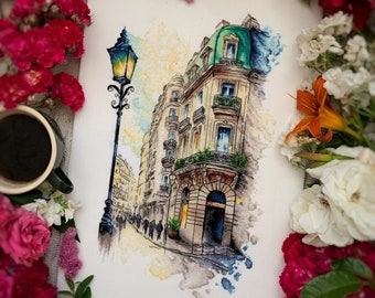 Paris street cross stitch pattern, watercolor city embroidery design, PDF digital, hand embroidery