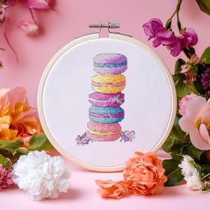 Macarons cross stitch pattern, pastel dessert counted x stitch PDF