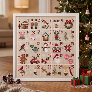 Advent calendar cross-stitch pattern, Christmas embroidery design, Xmas needlepoint digital files