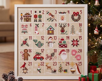 Advent calendar cross-stitch pattern, Christmas embroidery design, Xmas needlepoint digital files