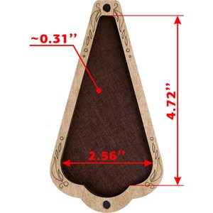 May include: A wooden, triangular-shaped box with a dark brown interior and intricate floral designs around the edges. The box measures approximately 4.72 inches tall and 2.56 inches wide.