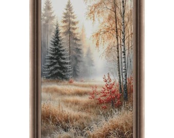 Könnte beinhalten: Gerahmtes Landschaftsbild mit einer ruhigen Waldszene. Das Kunstwerk zeigt hohe Nadelbäume und Birken mit goldenen Blättern vor einem nebligen Hintergrund. Der Vordergrund zeigt hohes, trockenes Gras und rote Büsche, alles in einem braunen Holzrahmen.