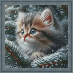 Baby cat cross stitch pattern, fluffy kitten x-stitch, pet portrait PDF digital file