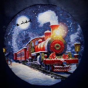 May include: A red and green Christmas train with a wreath on the front, pulling a string of boxcars. The train is decorated with greenery and red bows. The train is traveling through a snowy landscape under a starry night sky with a full moon and a flying sleigh.