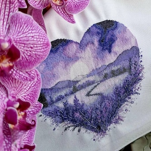 Lavender cross stitch pattern, heart x-stitch, night landscape digital design, modern cross stitch