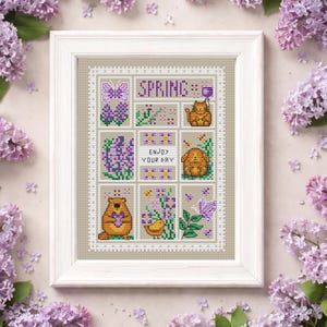 Spring Sampler cross stitch pattern, Bunny, Cat, Butterfly Floral Patchwork