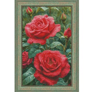Red roses cross stitch pattern, garden flowers x-stitch design, floral full coverage