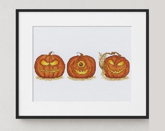 Halloween pumpkins cross stitch pattern, Jack-O-Lantern x-stitch design, Spooky monster emotions PDF digital, Grinning Pumpkin needlepoint
