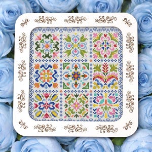 Wzór haftu krzyżykowego w stylu patchworkowym w formacie PDF, kolorowa, geometryczna, ludowa tabela wzorów