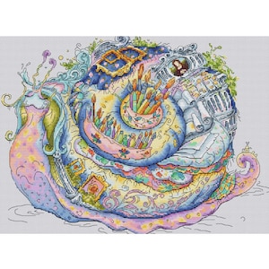 Snail painter cross-stitch pattern, modern naturalist illustration x-stitch, artist PDF digital file