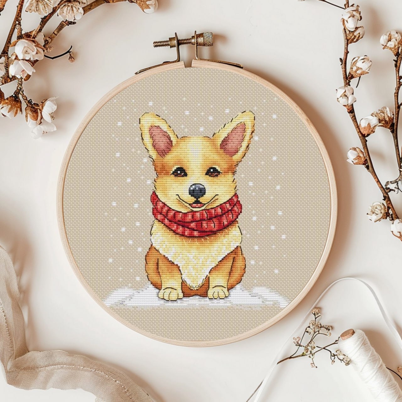 かわいいコーギー犬のクロスステッチパターン、クリスマス刺繍デザイン 