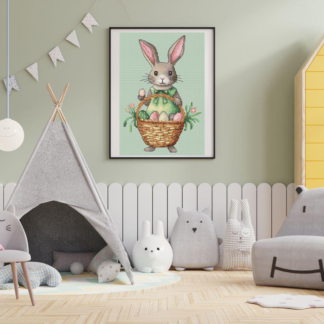 Easter Bunny With a Basket of Eggs Cross Stitch Pattern, Easter Rabbit ...