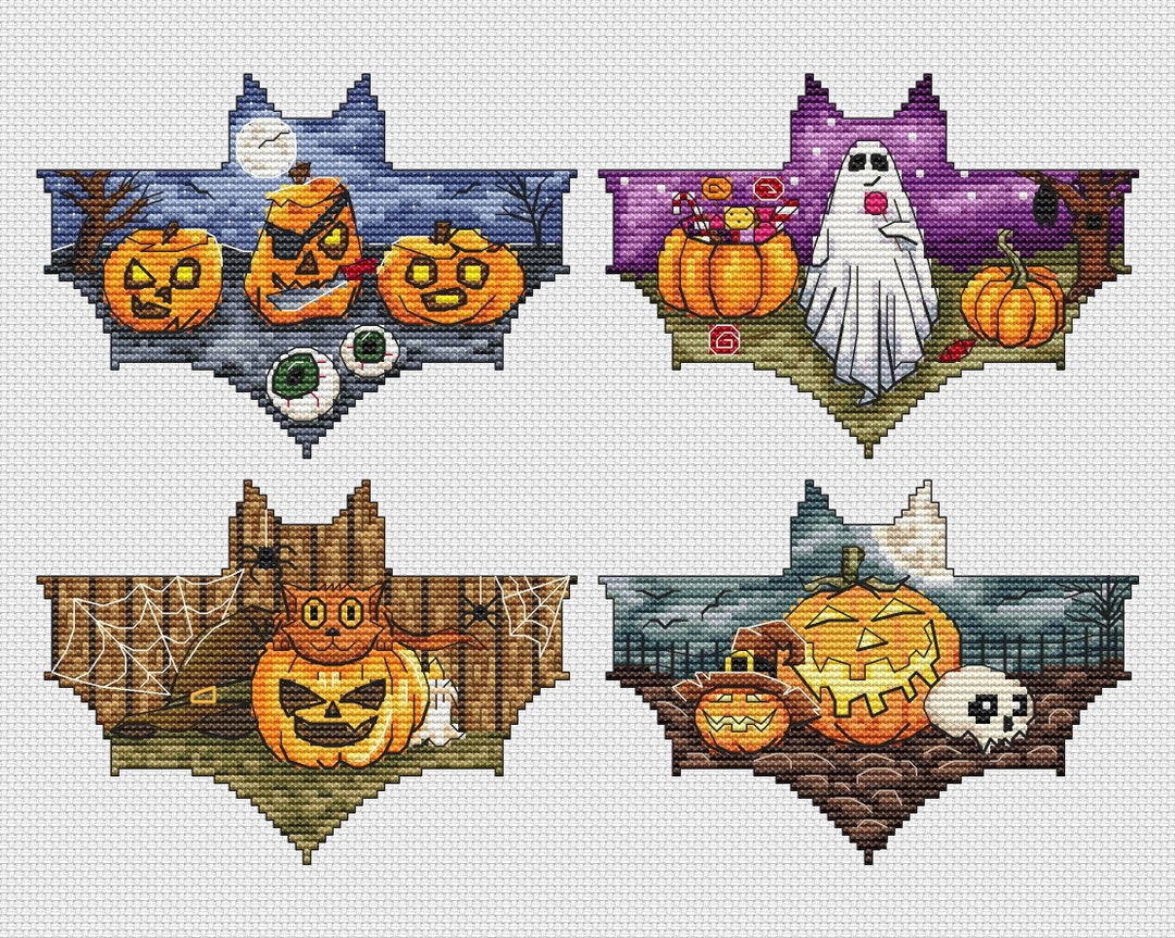 Halloween Bat With Ghost & Pumpkin Cross Stitch Pattern, PDF Embroidery ...
