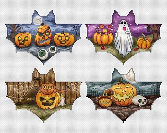 Chauve-souris d'Halloween avec fantôme et citrouille, motif de broderie PDF, décoration DIY effrayante