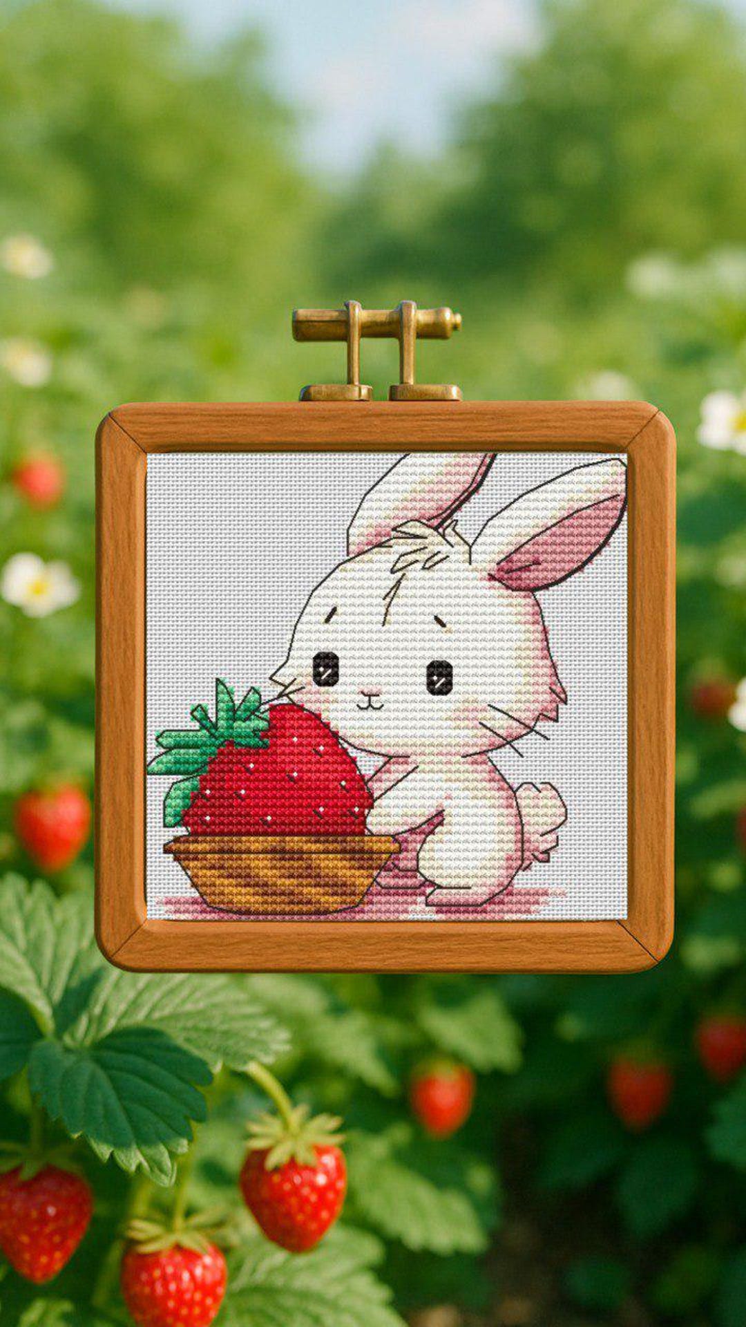 Strawberry Bunny Cross Stitch Pattern, Kawaii Animal X-stitch