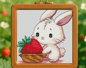 Strawberry bunny cross stitch pattern, kawaii animal x-stitch, white rabbit easy design