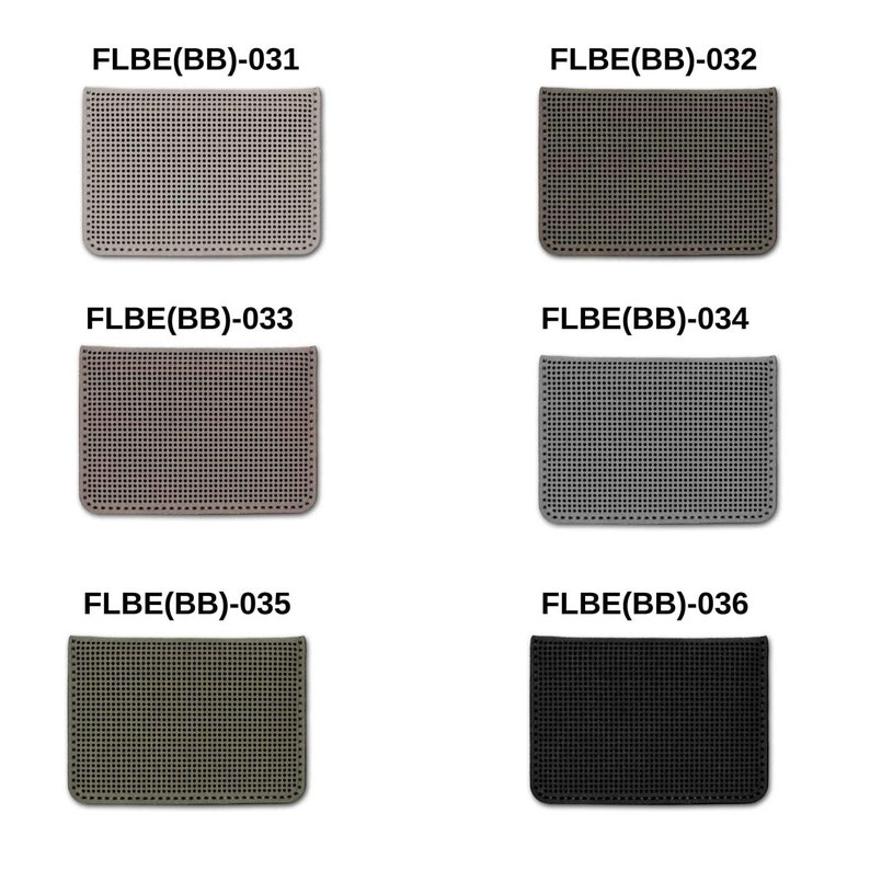 Op de afbeelding: Zes verschillende kleurvariaties van een rubberen vloermat met een rasterpatroon. De matten zijn gelabeld FLBE(BB)-031, FLBE(BB)-032, FLBE(BB)-033, FLBE(BB)-034, FLBE(BB)-035 en FLBE(BB)-036.
