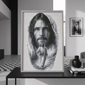 May include: A framed black and white wall art print featuring a large, detailed portrait of a bearded figure with long hair wearing a hooded robe, with a smaller full-body depiction of the same figure walking forward in the center foreground.