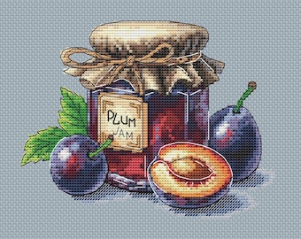 Plum Jam jar cross stitch pattern, Sweet food dessert x-stitch