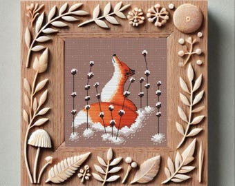 Fox cross stitch pattern, Winter Fox & Snowflakes x-stitch design PDF, red woodland animal needlepoint digital, first snow wallart DIY file