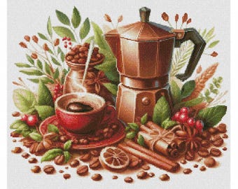 Koffiepot en kopje koffie kruissteekpatroon, stilleven koffie x-steekontwerp, koffieshopinrichting digitaal pdf-bestand