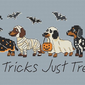 May include: A cross-stitch pattern on light blue fabric featuring four dachshunds in Halloween costumes: a witch, a mummy, a ghost holding a pumpkin bucket, and a skeleton. Four black bats fly above, with the text No Tricks Just Treats below.