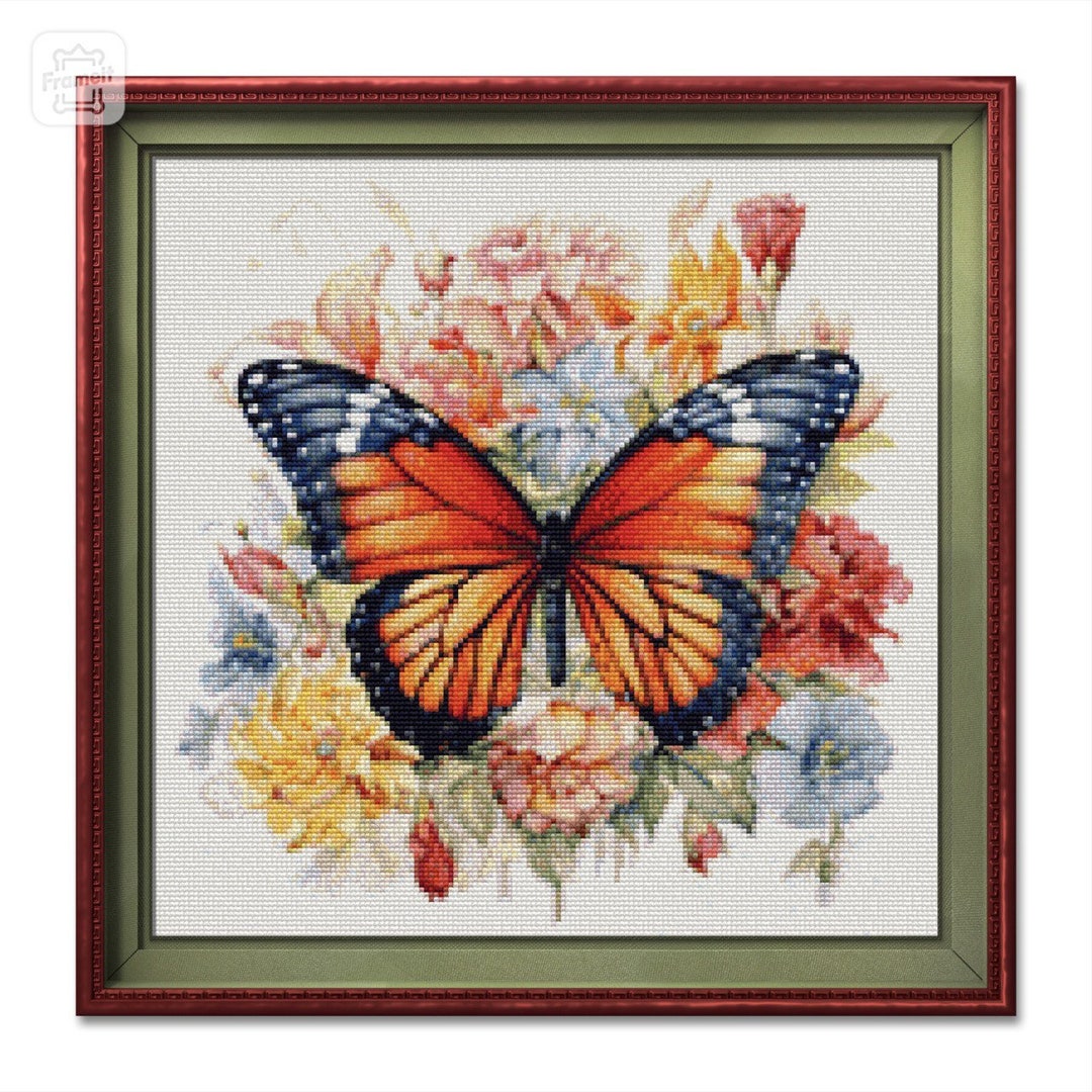 Butterfly & Flowers Crossstitch Pattern, Modern Needlework Xstitch