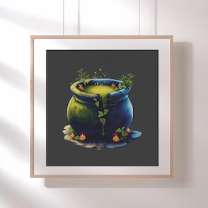 May include: A framed print of a blue cauldron with green and yellow liquid, overflowing with green vines and small orange pumpkins. The cauldron sits on a stone base, with a dark gray background.