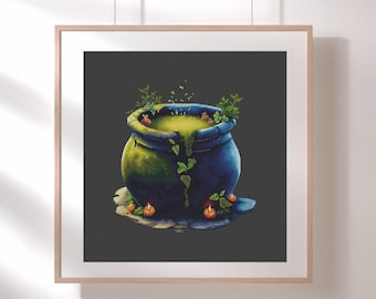 Potion cross stitch pattern, witch pot with green potion x-stitch design, wizard magic drink fantasy decor, witch kitchen needlepoint PDF