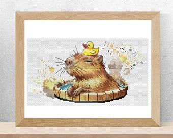 Capybara with a duck in the bath cross stitch pattern, cute animal x-stitch pdf design, funny capybara relaxes counted cross stitch