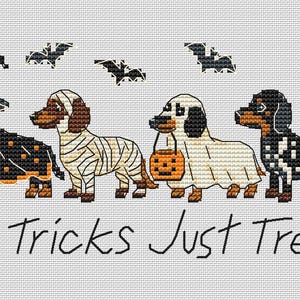 May include: A cross-stitch pattern on light gray fabric featuring four dachshunds in Halloween costumes: a witch, a mummy, a ghost holding a pumpkin bucket, and a skeleton. Four black bats fly above, and the text reads No Tricks Just Treats.